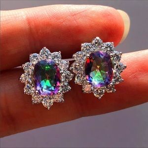 NEW Sterling Silver Mystic Rainbow CZ Halo Cluster Stud Earrings